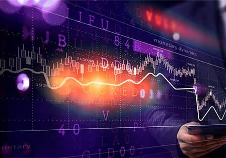 Glow neon wave lines overlaying financial database code streams