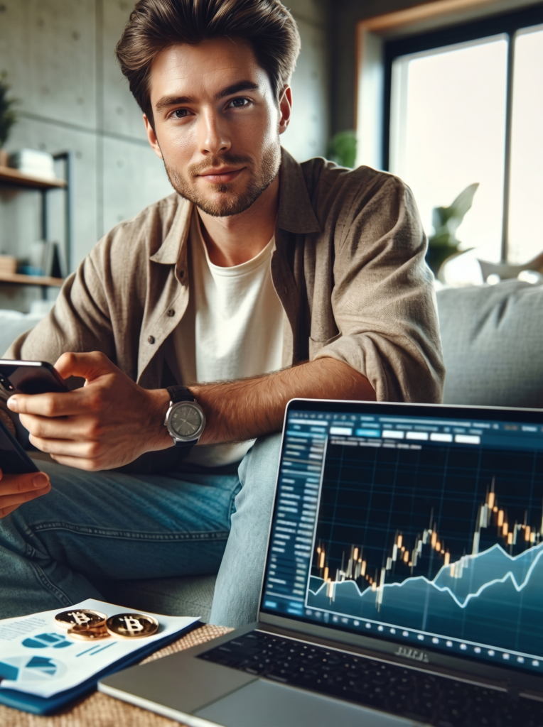 Traded tracking digital asset market price shifts using a laptop computer