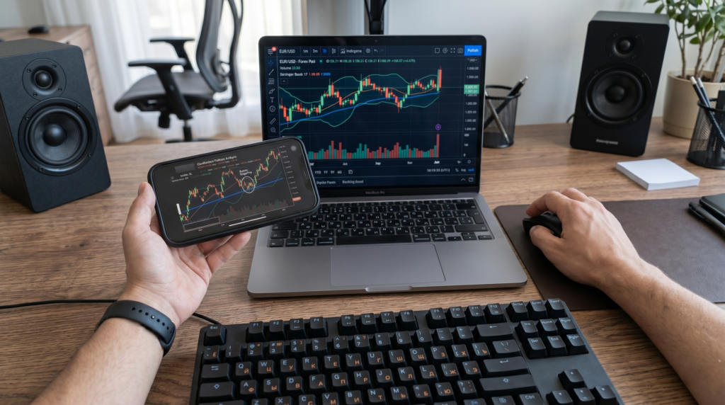Crypto trading dashboard displayed on a laptop monitor and smartphone screen