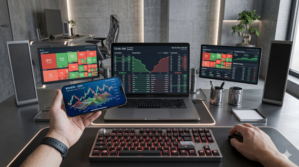 Advanced candlestick charts and financial market data on a laptop screen